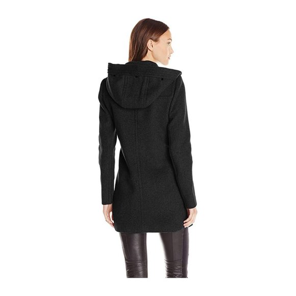 BCBG Black Hooded Wool Coat XS Detachable Realistic Faux Fur - Picture 14 of 14